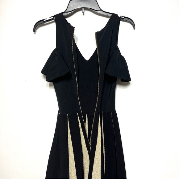 Ted Baker Wytney Cold-shoulder Skater Dress in Black and Gold 2 NWOT - Picture 10 of 13